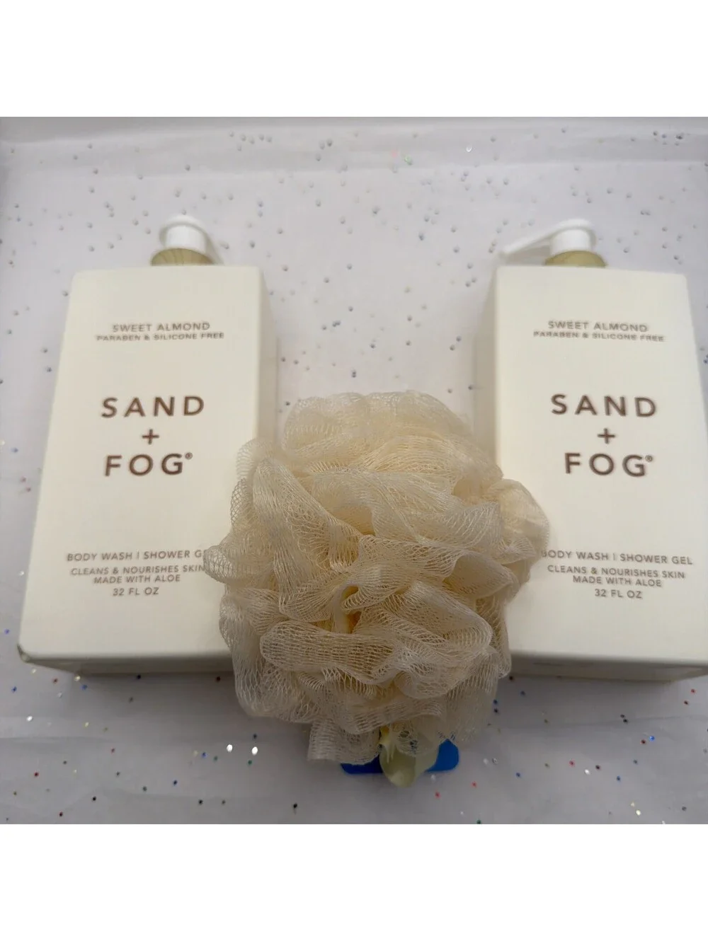 Sand + Fog Sweet Almond Body Wash 32oz 2 Pack Hydrating + Bonus Bath Sponge